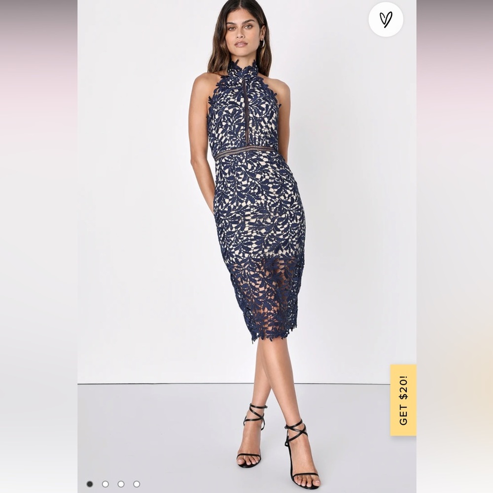Lulu’s Divine Destiny Navy Blue Lace Midi Dress - Medium